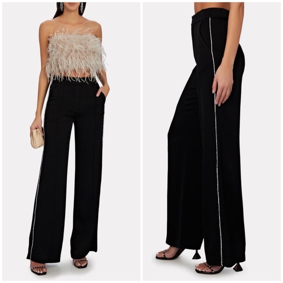VERONICA BEARD Millicent Crystal-Trimmed Wide-Leg Side-Stripe Satin Pants $498 - Picture 1 of 14